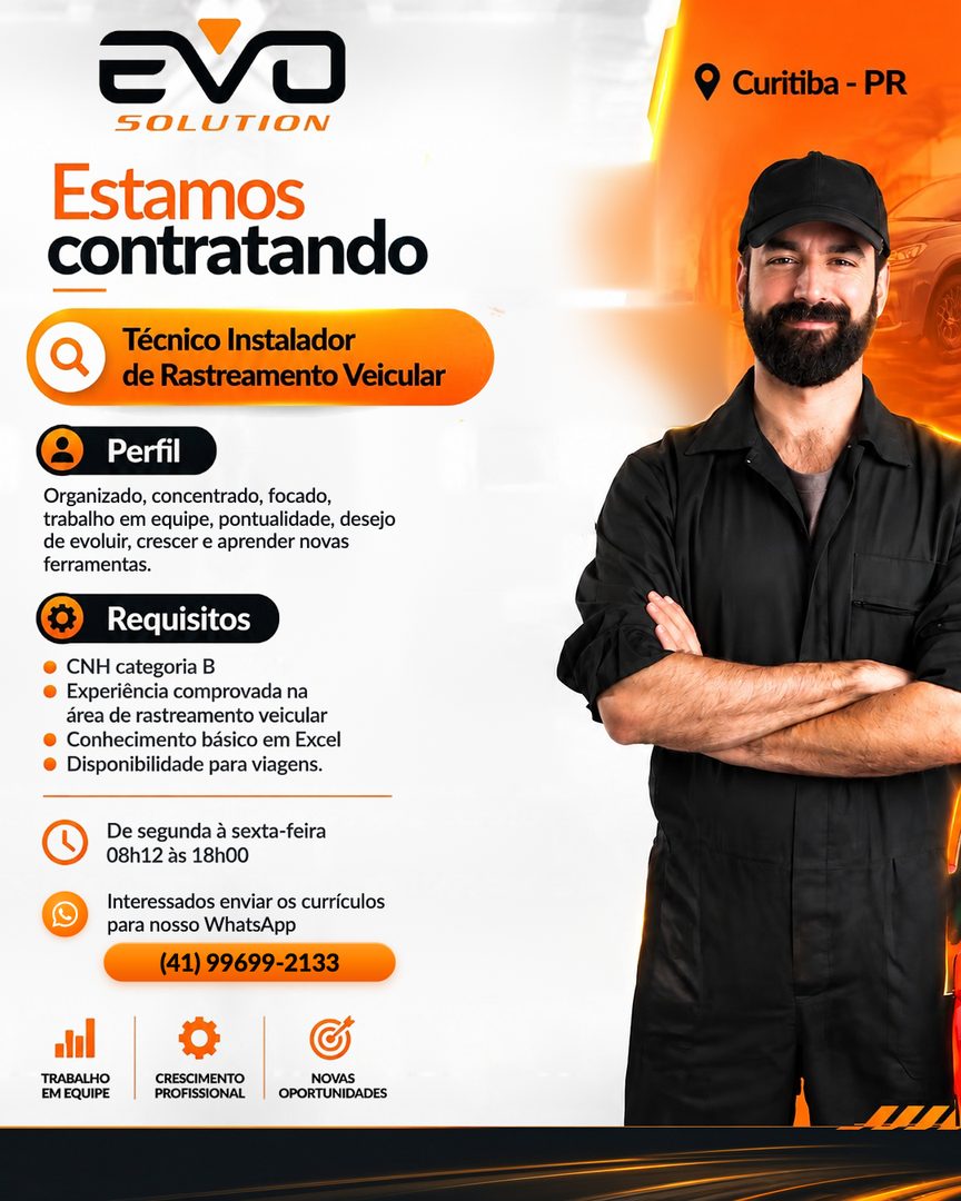Anúncio da vaga de Técnico Instalador de Rastreamento Veicular na EVO Solution